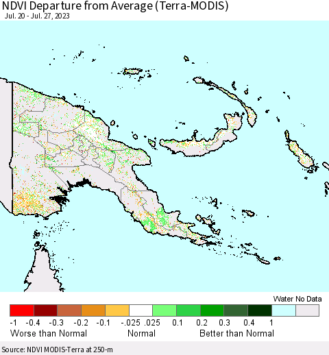 Papua New Guinea NDVI Departure from Average (Terra-MODIS) Thematic Map For 7/20/2023 - 7/27/2023