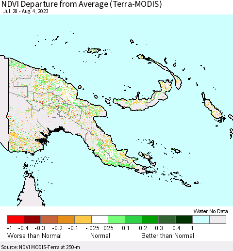 Papua New Guinea NDVI Departure from Average (Terra-MODIS) Thematic Map For 7/28/2023 - 8/4/2023