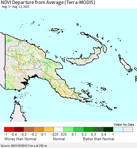 Papua New Guinea NDVI Departure from Average (Terra-MODIS) Thematic Map For 8/5/2023 - 8/12/2023