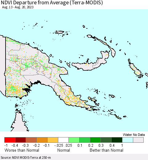 Papua New Guinea NDVI Departure from Average (Terra-MODIS) Thematic Map For 8/13/2023 - 8/20/2023