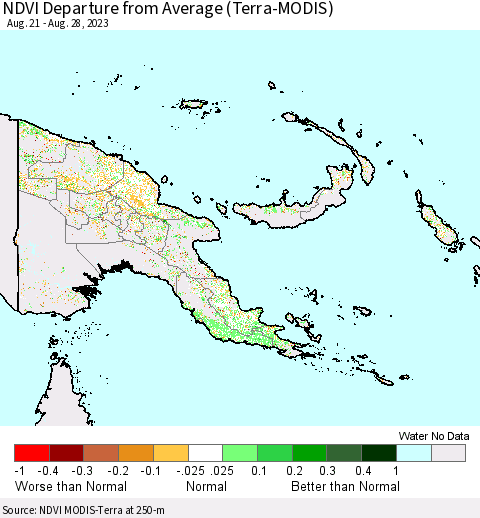 Papua New Guinea NDVI Departure from Average (Terra-MODIS) Thematic Map For 8/21/2023 - 8/28/2023