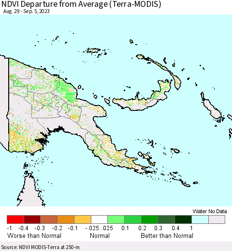 Papua New Guinea NDVI Departure from Average (Terra-MODIS) Thematic Map For 8/29/2023 - 9/5/2023