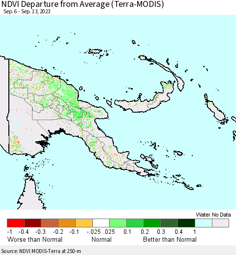 Papua New Guinea NDVI Departure from Average (Terra-MODIS) Thematic Map For 9/6/2023 - 9/13/2023