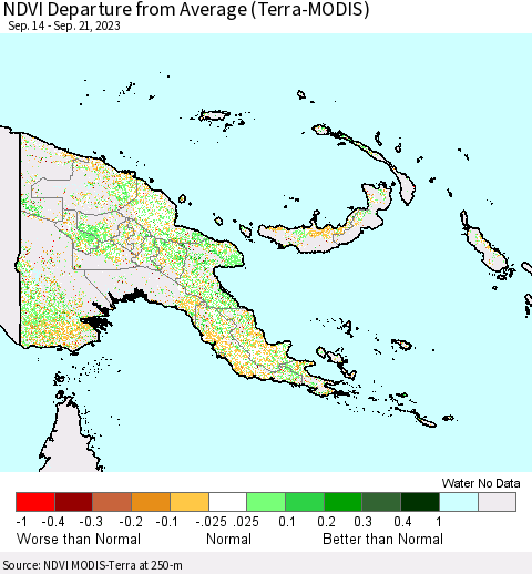 Papua New Guinea NDVI Departure from Average (Terra-MODIS) Thematic Map For 9/14/2023 - 9/21/2023