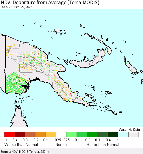 Papua New Guinea NDVI Departure from Average (Terra-MODIS) Thematic Map For 9/22/2023 - 9/29/2023