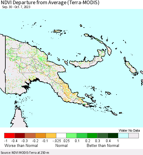 Papua New Guinea NDVI Departure from Average (Terra-MODIS) Thematic Map For 9/30/2023 - 10/7/2023