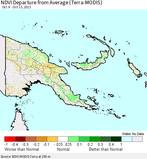 Papua New Guinea NDVI Departure from Average (Terra-MODIS) Thematic Map For 10/8/2023 - 10/15/2023