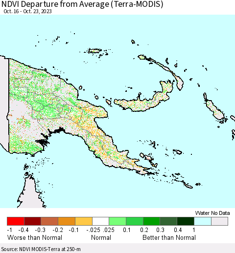 Papua New Guinea NDVI Departure from Average (Terra-MODIS) Thematic Map For 10/16/2023 - 10/23/2023