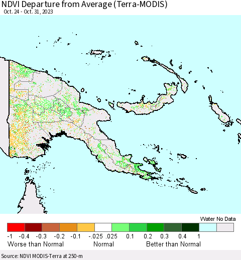 Papua New Guinea NDVI Departure from Average (Terra-MODIS) Thematic Map For 10/24/2023 - 10/31/2023