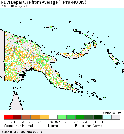 Papua New Guinea NDVI Departure from Average (Terra-MODIS) Thematic Map For 11/9/2023 - 11/16/2023