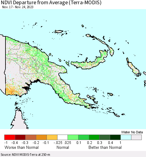 Papua New Guinea NDVI Departure from Average (Terra-MODIS) Thematic Map For 11/17/2023 - 11/24/2023
