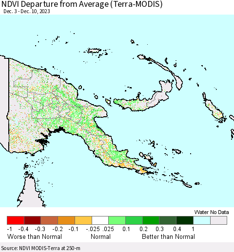 Papua New Guinea NDVI Departure from Average (Terra-MODIS) Thematic Map For 12/3/2023 - 12/10/2023