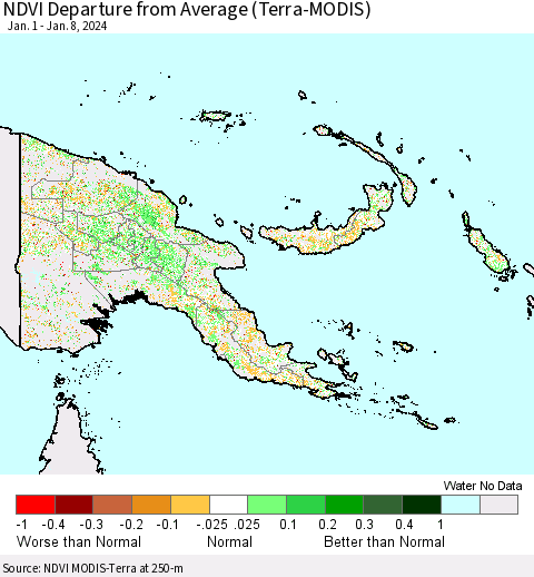 Papua New Guinea NDVI Departure from Average (Terra-MODIS) Thematic Map For 1/1/2024 - 1/8/2024