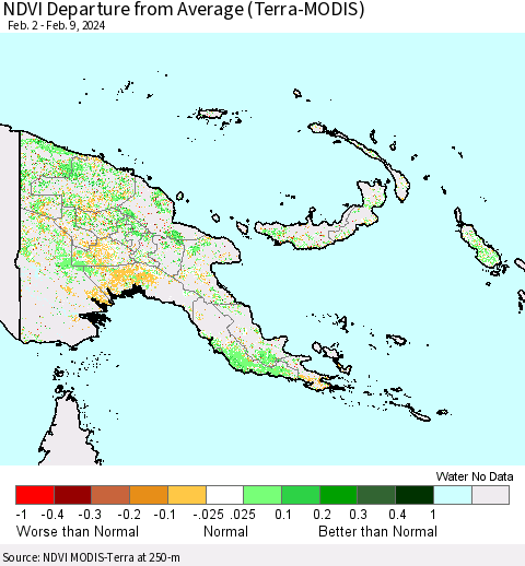 Papua New Guinea NDVI Departure from Average (Terra-MODIS) Thematic Map For 2/2/2024 - 2/9/2024