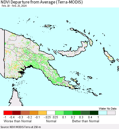 Papua New Guinea NDVI Departure from Average (Terra-MODIS) Thematic Map For 2/18/2024 - 2/25/2024