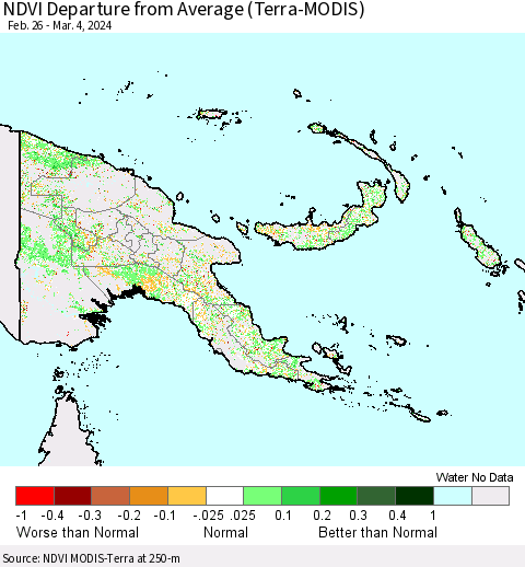 Papua New Guinea NDVI Departure from Average (Terra-MODIS) Thematic Map For 2/26/2024 - 3/4/2024