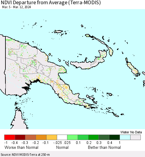 Papua New Guinea NDVI Departure from Average (Terra-MODIS) Thematic Map For 3/5/2024 - 3/12/2024