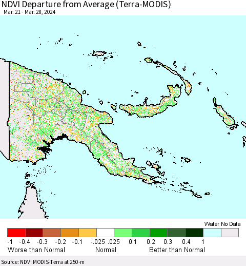 Papua New Guinea NDVI Departure from Average (Terra-MODIS) Thematic Map For 3/21/2024 - 3/28/2024