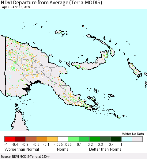 Papua New Guinea NDVI Departure from Average (Terra-MODIS) Thematic Map For 4/6/2024 - 4/13/2024