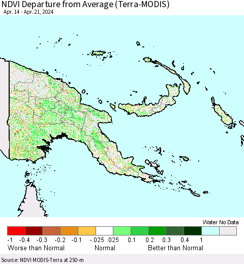 Papua New Guinea NDVI Departure from Average (Terra-MODIS) Thematic Map For 4/14/2024 - 4/21/2024