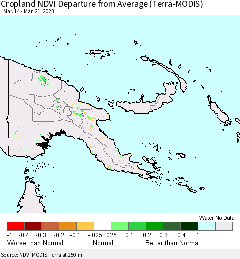Papua New Guinea Cropland NDVI Departure from Average (Terra-MODIS) Thematic Map For 3/14/2023 - 3/21/2023