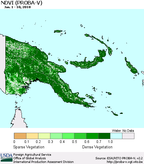 Papua New Guinea NDVI (PROBA-V) Thematic Map For 1/1/2018 - 1/10/2018