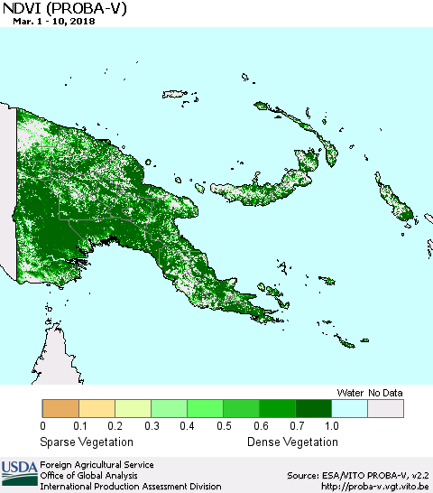 Papua New Guinea NDVI (PROBA-V) Thematic Map For 3/1/2018 - 3/10/2018