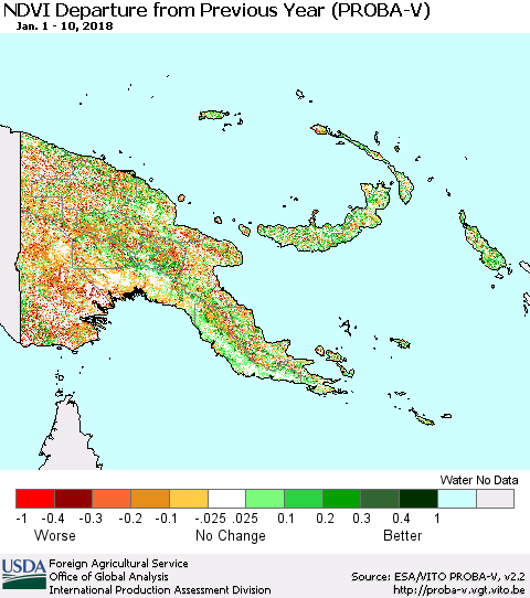 Papua New Guinea NDVI Departure from Previous Year (PROBA-V) Thematic Map For 1/1/2018 - 1/10/2018