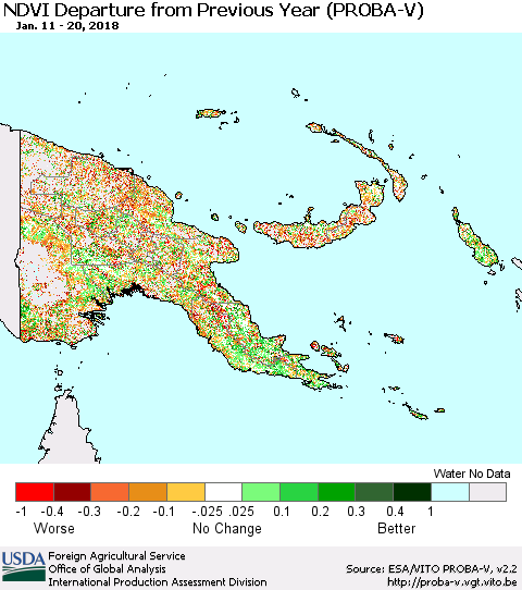 Papua New Guinea NDVI Departure from Previous Year (PROBA-V) Thematic Map For 1/11/2018 - 1/20/2018