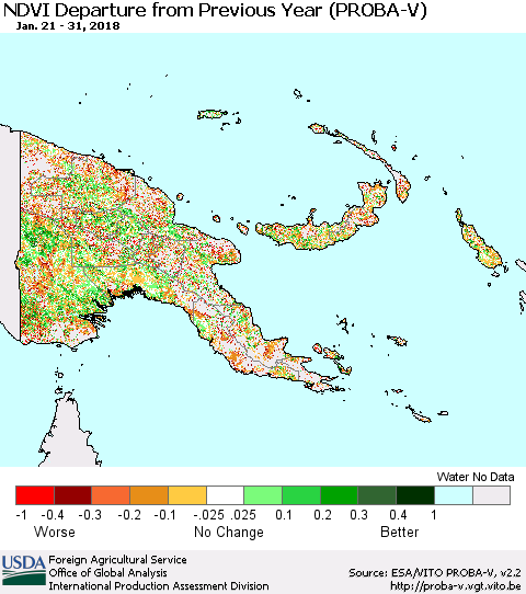 Papua New Guinea NDVI Departure from Previous Year (PROBA-V) Thematic Map For 1/21/2018 - 1/31/2018