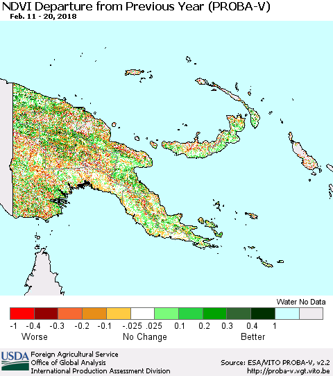 Papua New Guinea NDVI Departure from Previous Year (PROBA-V) Thematic Map For 2/11/2018 - 2/20/2018