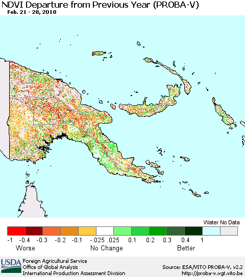 Papua New Guinea NDVI Departure from Previous Year (PROBA-V) Thematic Map For 2/21/2018 - 2/28/2018