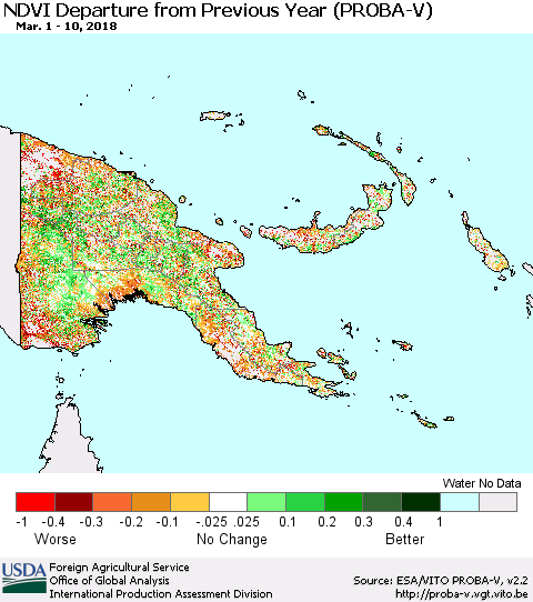 Papua New Guinea NDVI Departure from Previous Year (PROBA-V) Thematic Map For 3/1/2018 - 3/10/2018