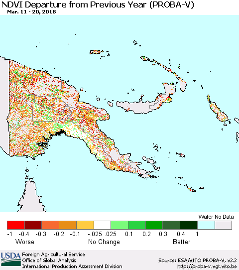 Papua New Guinea NDVI Departure from Previous Year (PROBA-V) Thematic Map For 3/11/2018 - 3/20/2018