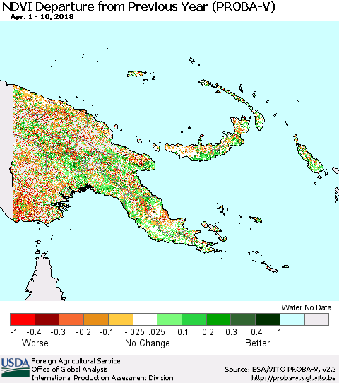 Papua New Guinea NDVI Departure from Previous Year (PROBA-V) Thematic Map For 4/1/2018 - 4/10/2018