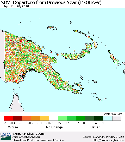 Papua New Guinea NDVI Departure from Previous Year (PROBA-V) Thematic Map For 4/11/2018 - 4/20/2018