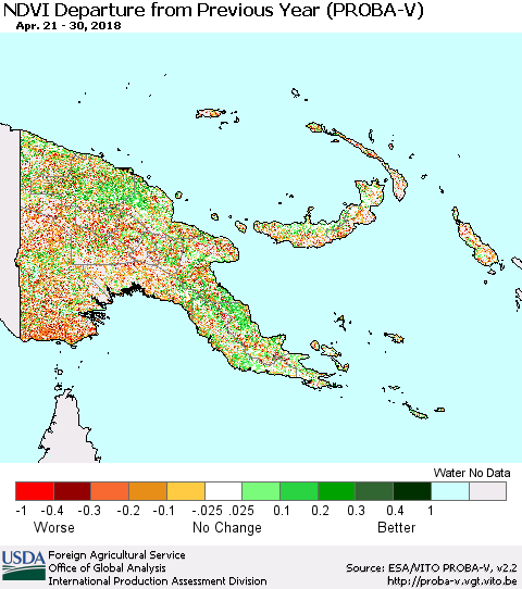 Papua New Guinea NDVI Departure from Previous Year (PROBA-V) Thematic Map For 4/21/2018 - 4/30/2018