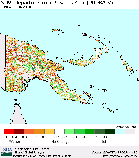 Papua New Guinea NDVI Departure from Previous Year (PROBA-V) Thematic Map For 5/1/2018 - 5/10/2018