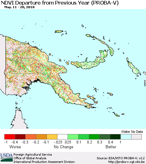 Papua New Guinea NDVI Departure from Previous Year (PROBA-V) Thematic Map For 5/11/2018 - 5/20/2018