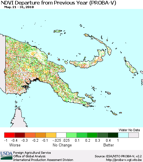 Papua New Guinea NDVI Departure from Previous Year (PROBA-V) Thematic Map For 5/21/2018 - 5/31/2018
