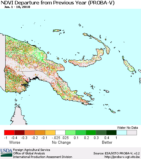 Papua New Guinea NDVI Departure from Previous Year (PROBA-V) Thematic Map For 6/1/2018 - 6/10/2018