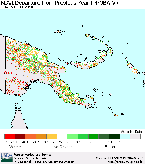 Papua New Guinea NDVI Departure from Previous Year (PROBA-V) Thematic Map For 6/21/2018 - 6/30/2018