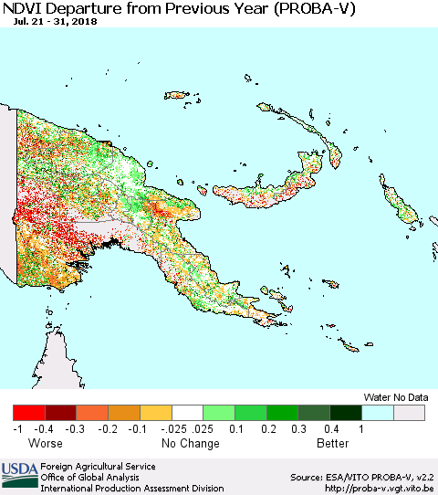 Papua New Guinea NDVI Departure from Previous Year (PROBA-V) Thematic Map For 7/21/2018 - 7/31/2018