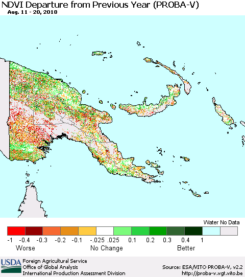 Papua New Guinea NDVI Departure from Previous Year (PROBA-V) Thematic Map For 8/11/2018 - 8/20/2018