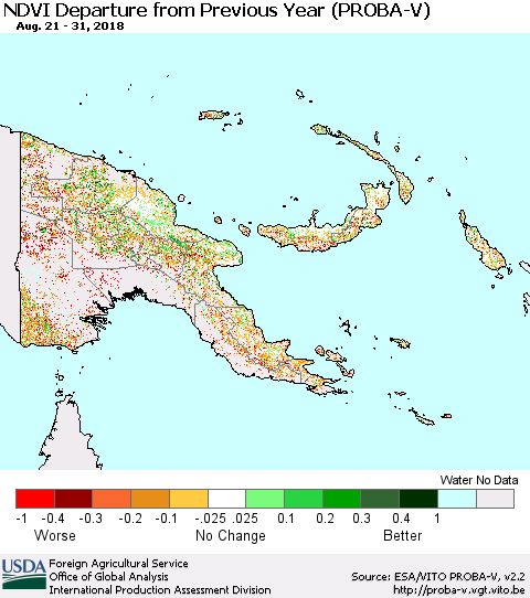 Papua New Guinea NDVI Departure from Previous Year (PROBA-V) Thematic Map For 8/21/2018 - 8/31/2018