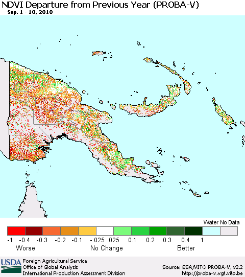 Papua New Guinea NDVI Departure from Previous Year (PROBA-V) Thematic Map For 9/1/2018 - 9/10/2018