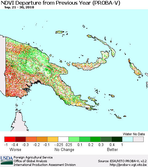 Papua New Guinea NDVI Departure from Previous Year (PROBA-V) Thematic Map For 9/21/2018 - 9/30/2018