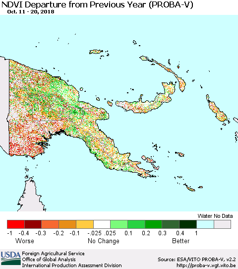 Papua New Guinea NDVI Departure from Previous Year (PROBA-V) Thematic Map For 10/11/2018 - 10/20/2018