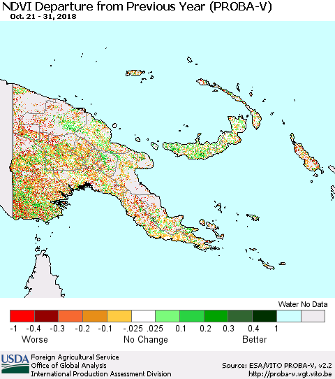 Papua New Guinea NDVI Departure from Previous Year (PROBA-V) Thematic Map For 10/21/2018 - 10/31/2018