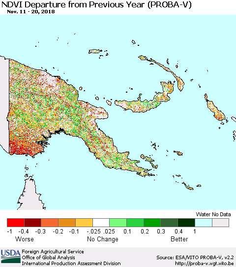 Papua New Guinea NDVI Departure from Previous Year (PROBA-V) Thematic Map For 11/11/2018 - 11/20/2018